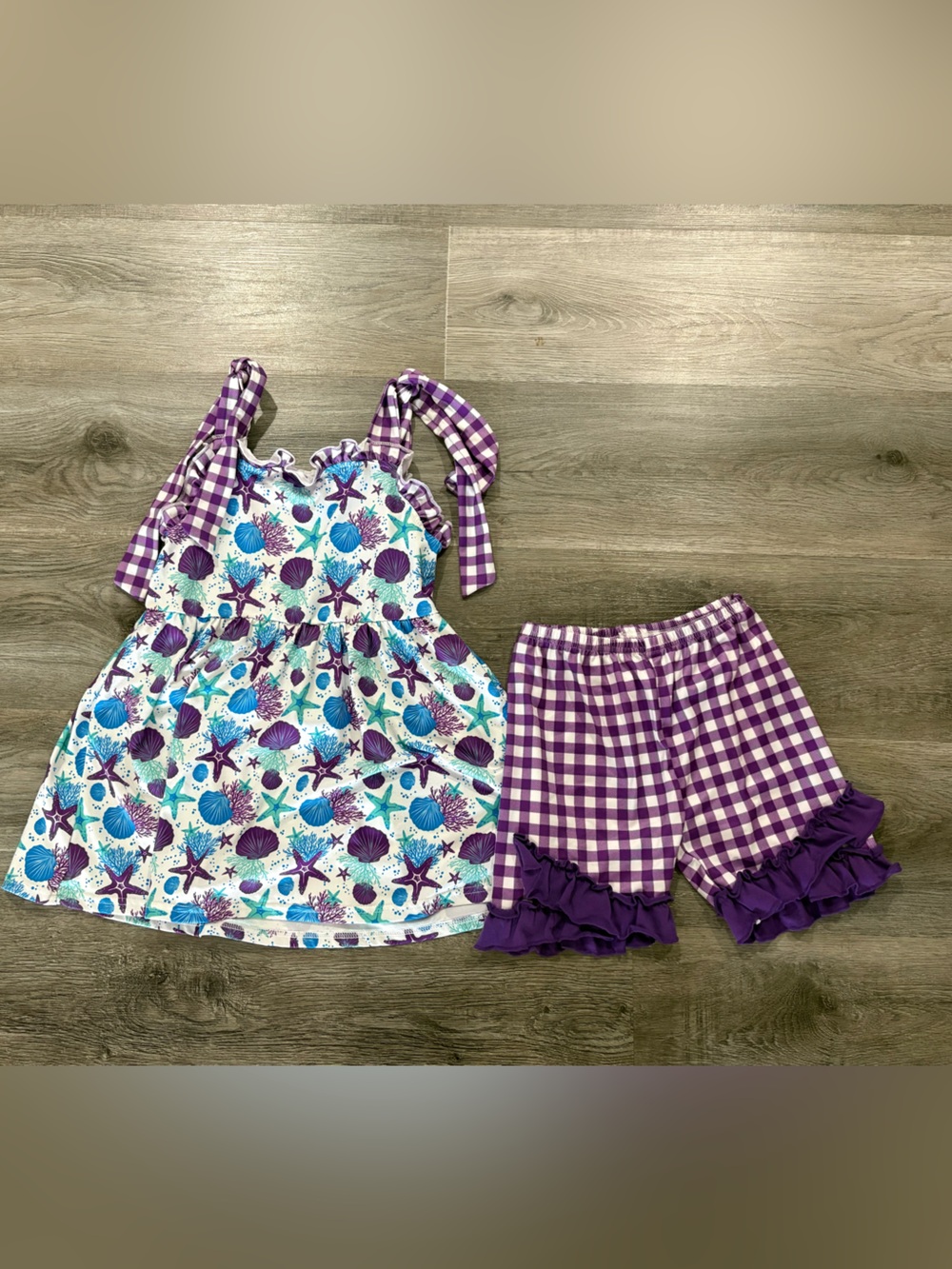 Purple Gingham & Sea Shells Girls Two-Piece Outfit